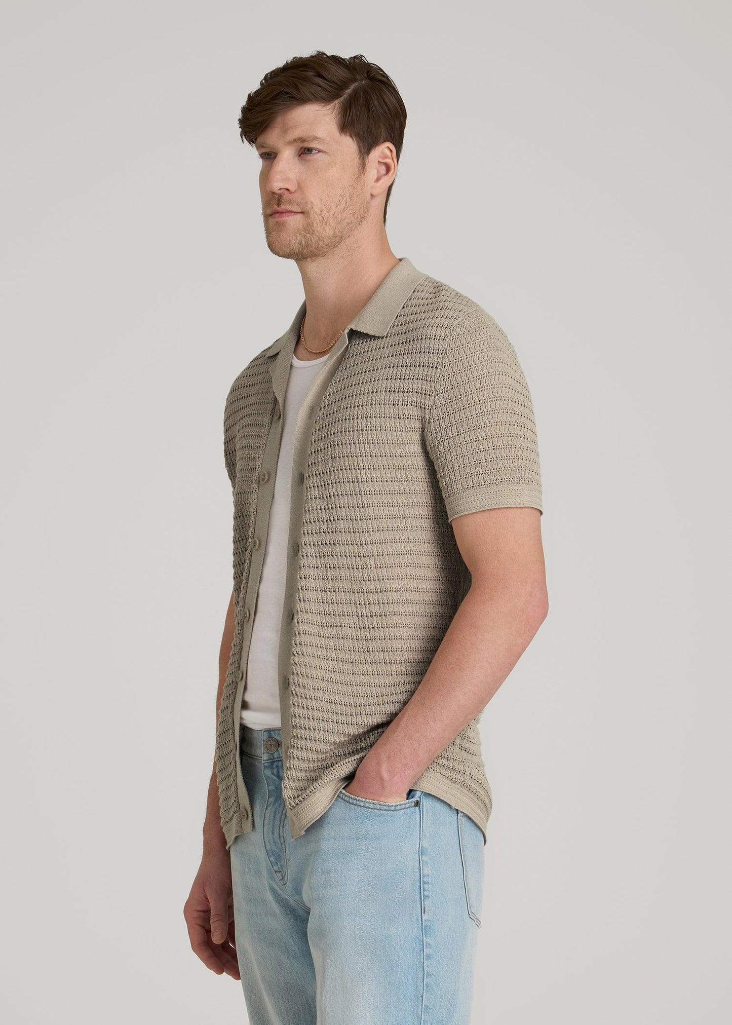 American Tall Men Short Sleeve Crochet Polo Cardigan for Tall Men in Light Khaki