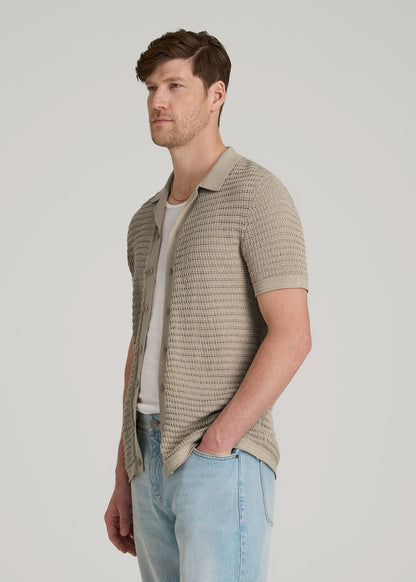 American Tall Men Short Sleeve Crochet Polo Cardigan for Tall Men in Light Khaki