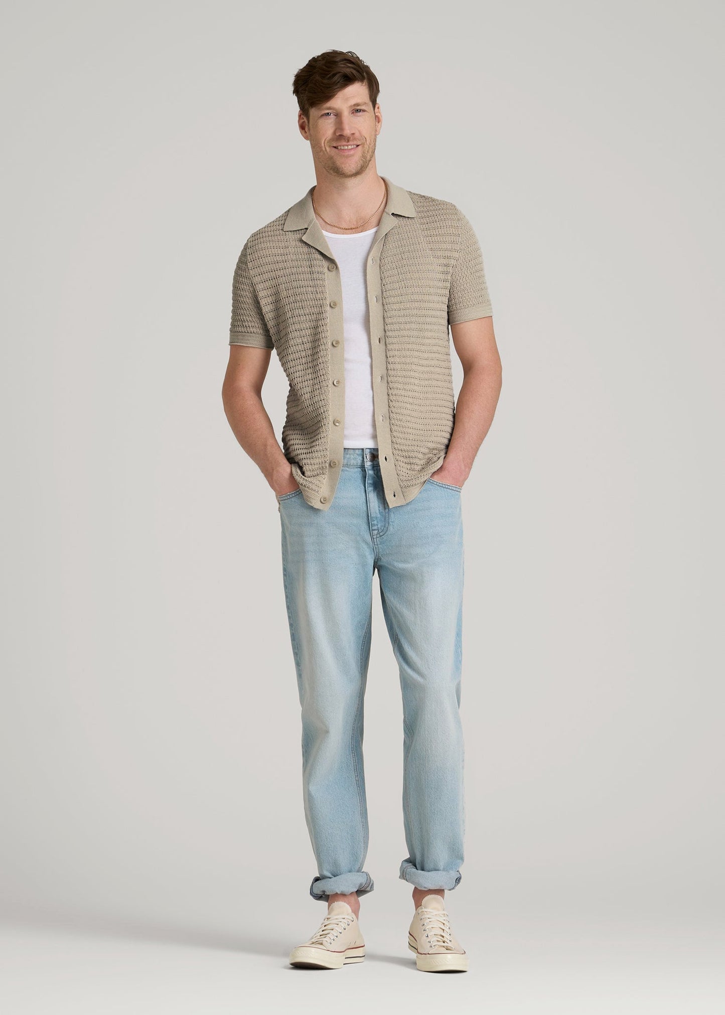 American Tall Men Short Sleeve Crochet Polo Cardigan for Tall Men in Light Khaki