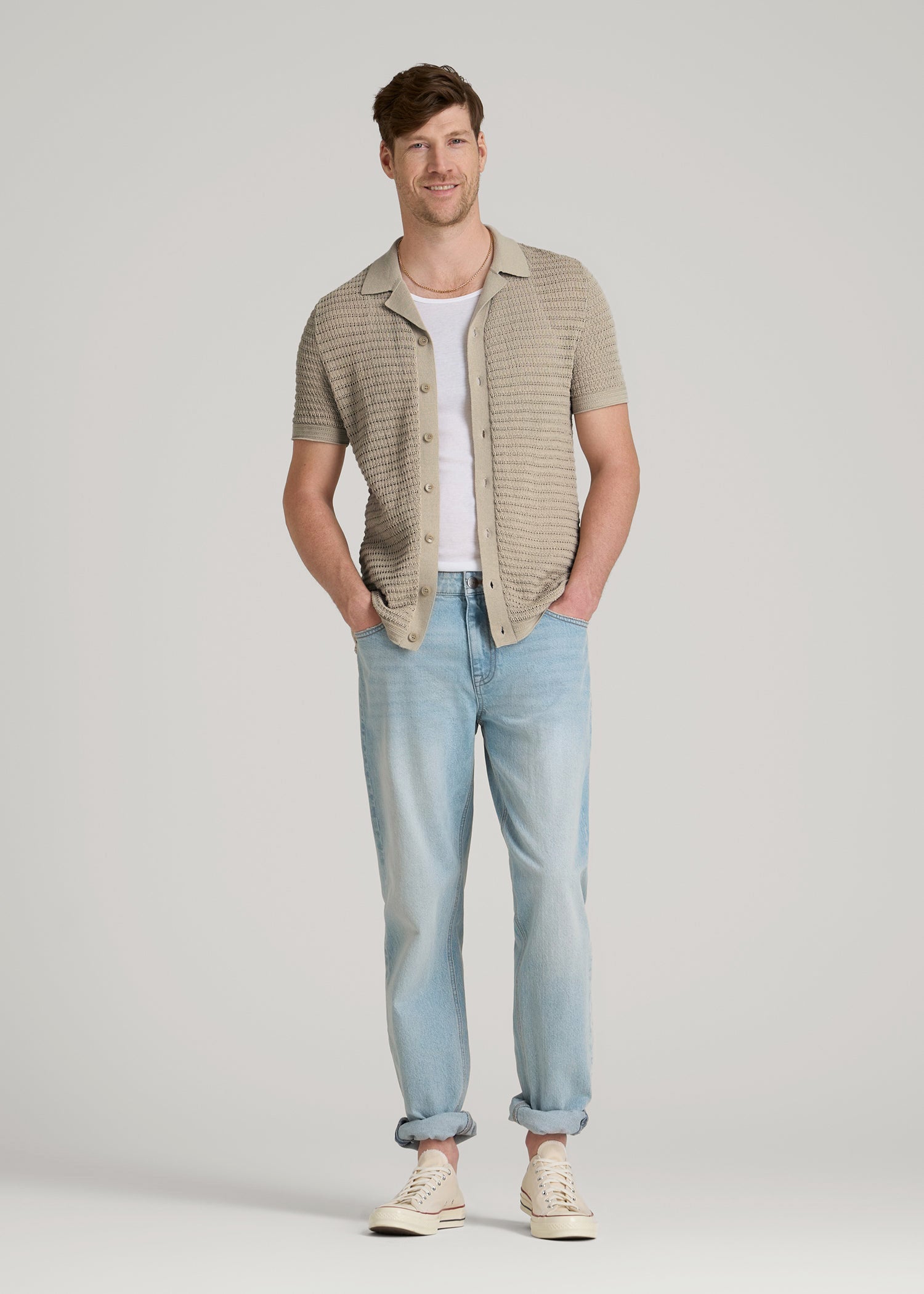 American Tall Men Short Sleeve Crochet Polo Cardigan for Tall Men in Light Khaki
