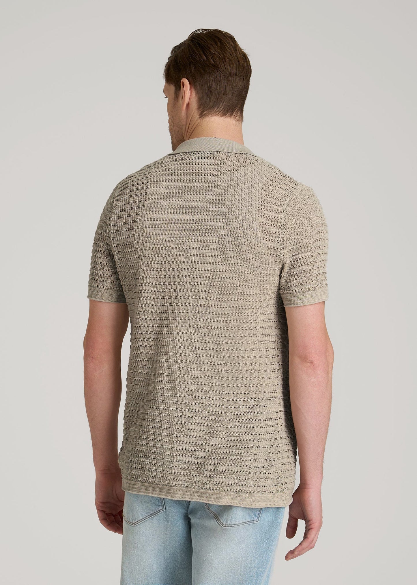 American Tall Men Short Sleeve Crochet Polo Cardigan for Tall Men in Light Khaki