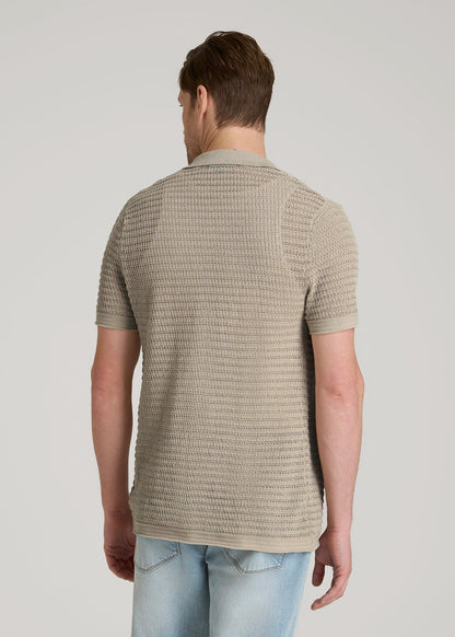 American Tall Men Short Sleeve Crochet Polo Cardigan for Tall Men in Light Khaki