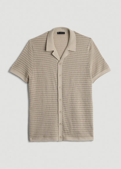American Tall Men Short Sleeve Crochet Polo Cardigan for Tall Men in Light Khaki