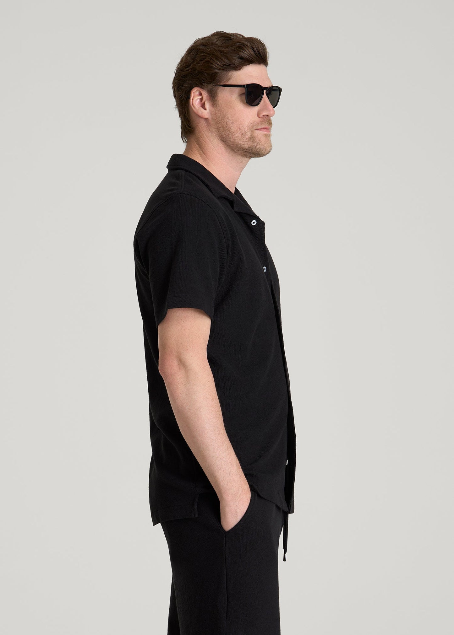 American Tall Men Terry Cotton Polo Cardigan for Tall Men in Black