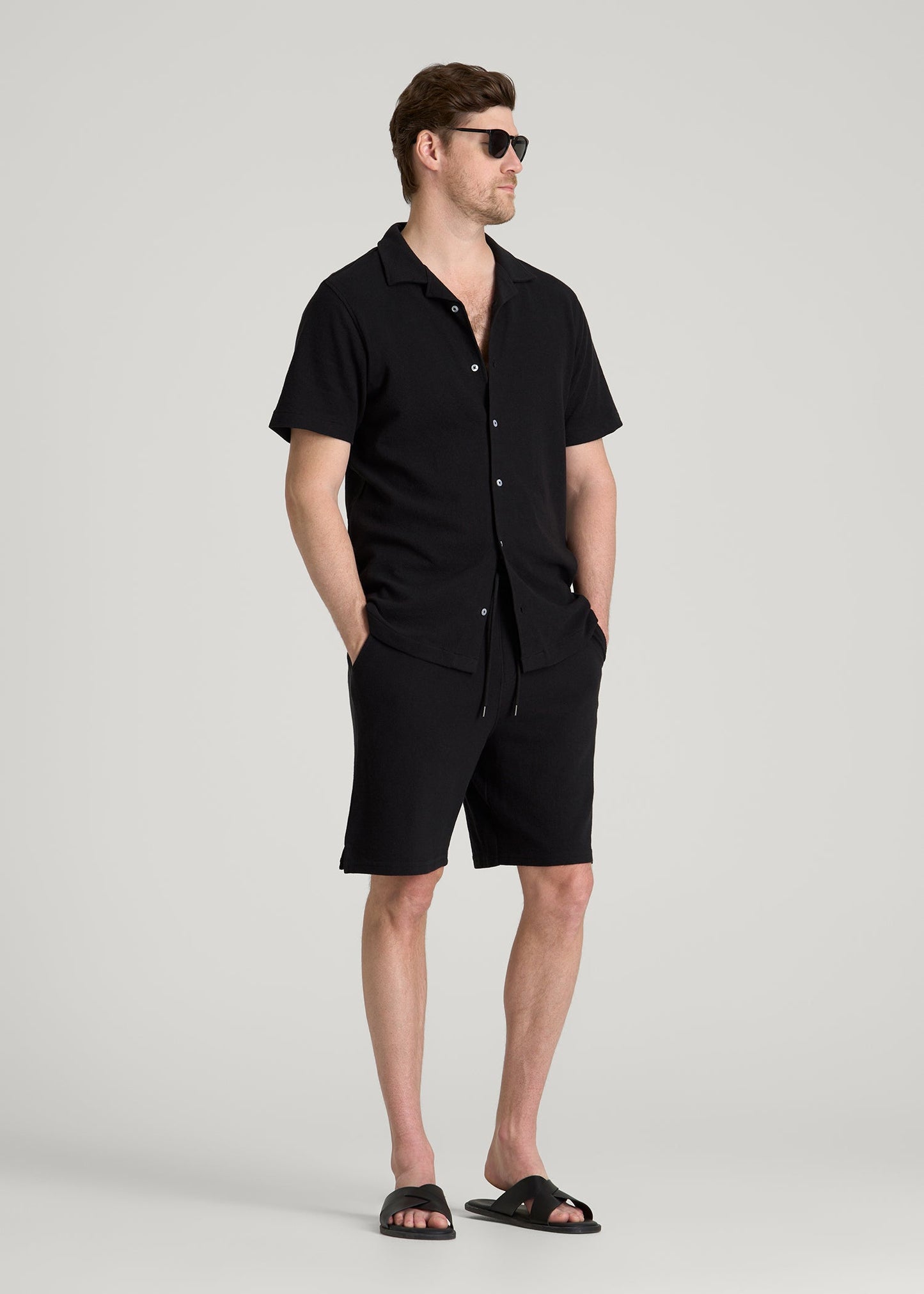 American Tall Men Terry Cotton Polo Cardigan for Tall Men in Black