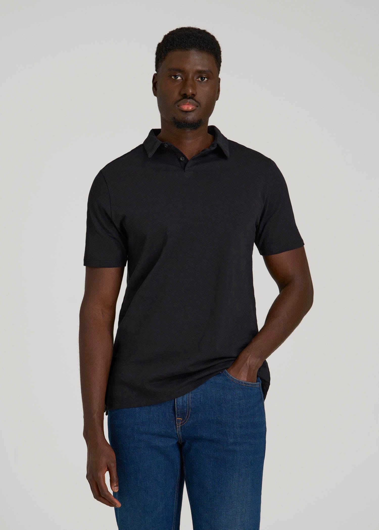 American Tall Men Slub Self Collar Polo Shirt for Tall Men in Black