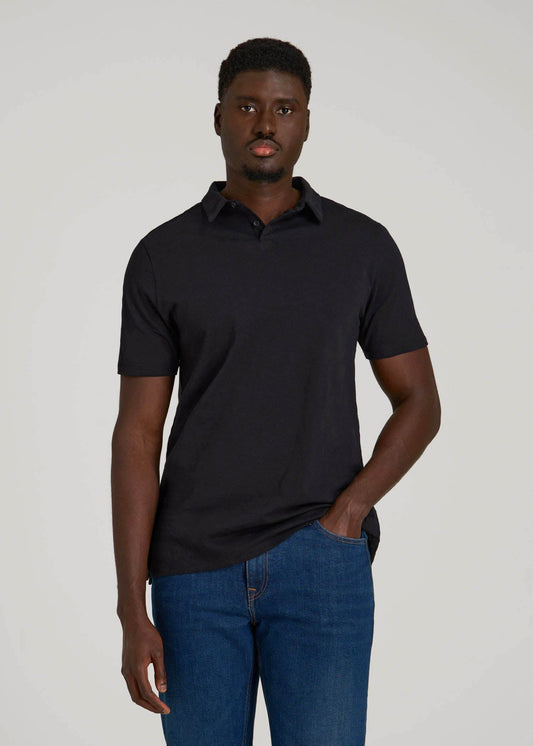American Tall Men Slub Self Collar Polo Shirt for Tall Men in Black