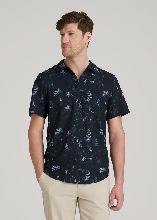 American Tall Men Coastal Perforated Polo Shirt for Tall Men in Black and Violet Floral