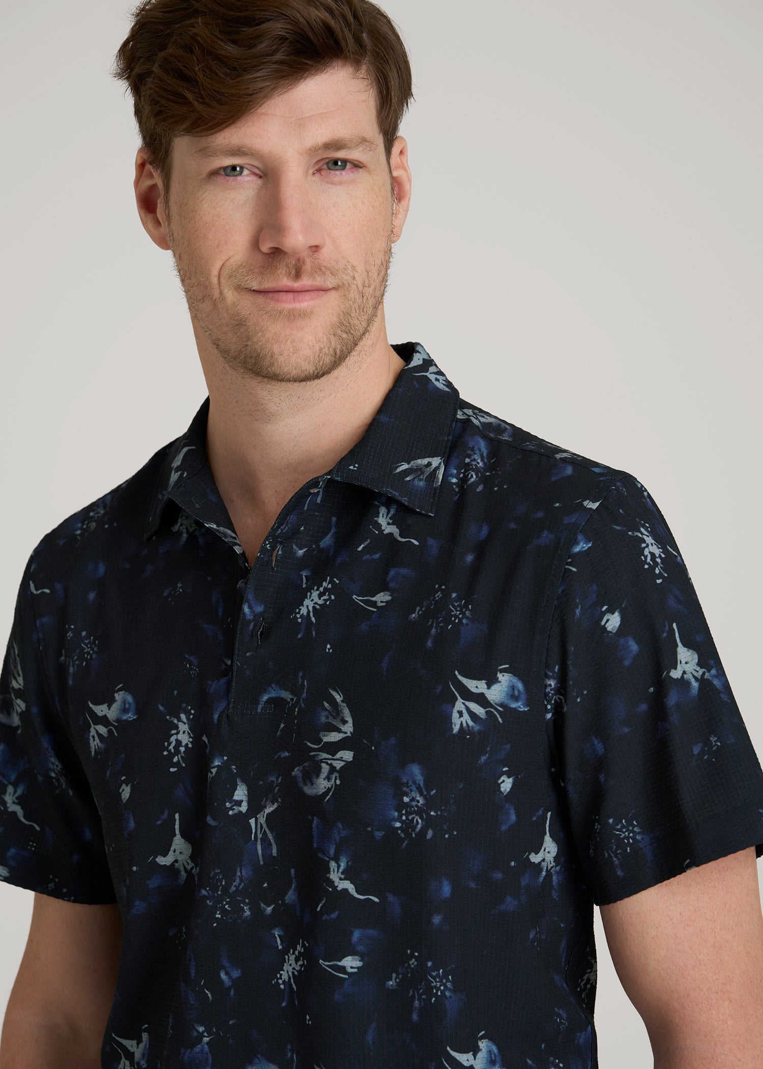American Tall Men Coastal Perforated Polo Shirt for Tall Men in Black and Violet Floral