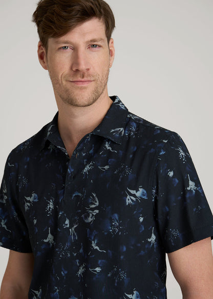 American Tall Men Coastal Perforated Polo Shirt for Tall Men in Black and Violet Floral