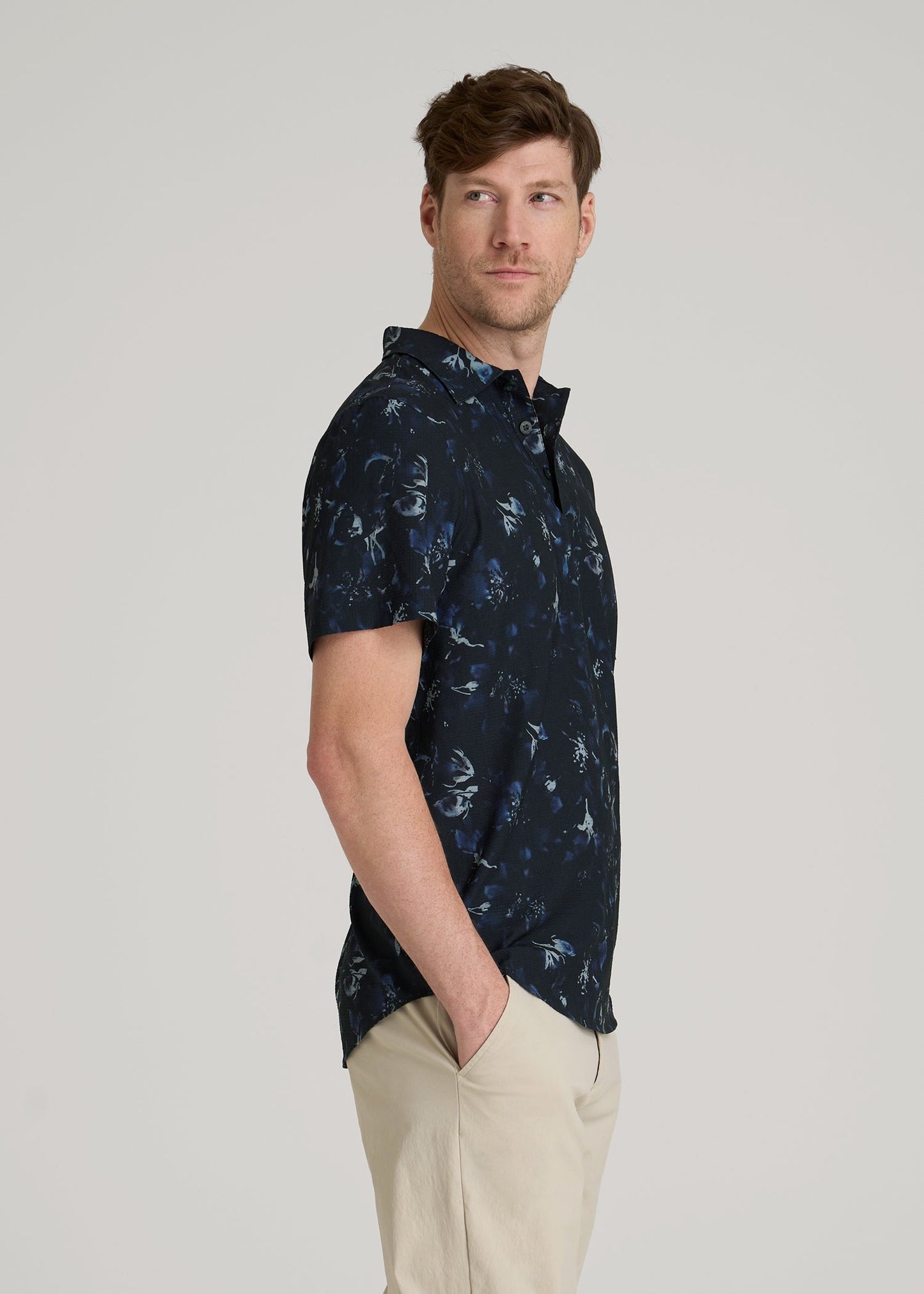 American Tall Men Coastal Perforated Polo Shirt for Tall Men in Black and Violet Floral
