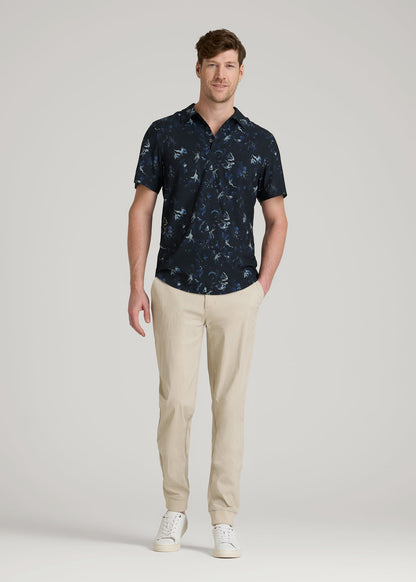 American Tall Men Coastal Perforated Polo Shirt for Tall Men in Black and Violet Floral