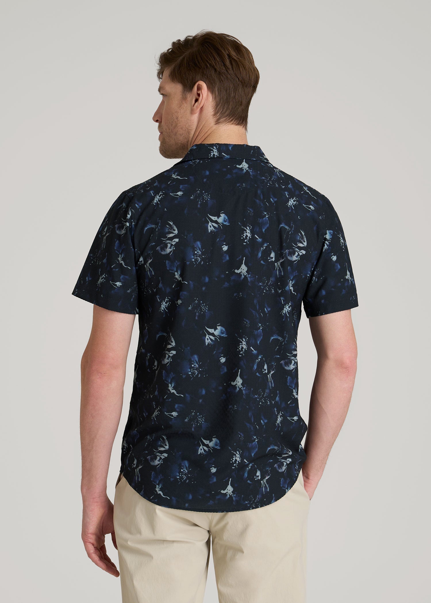 American Tall Men Coastal Perforated Polo Shirt for Tall Men in Black and Violet Floral
