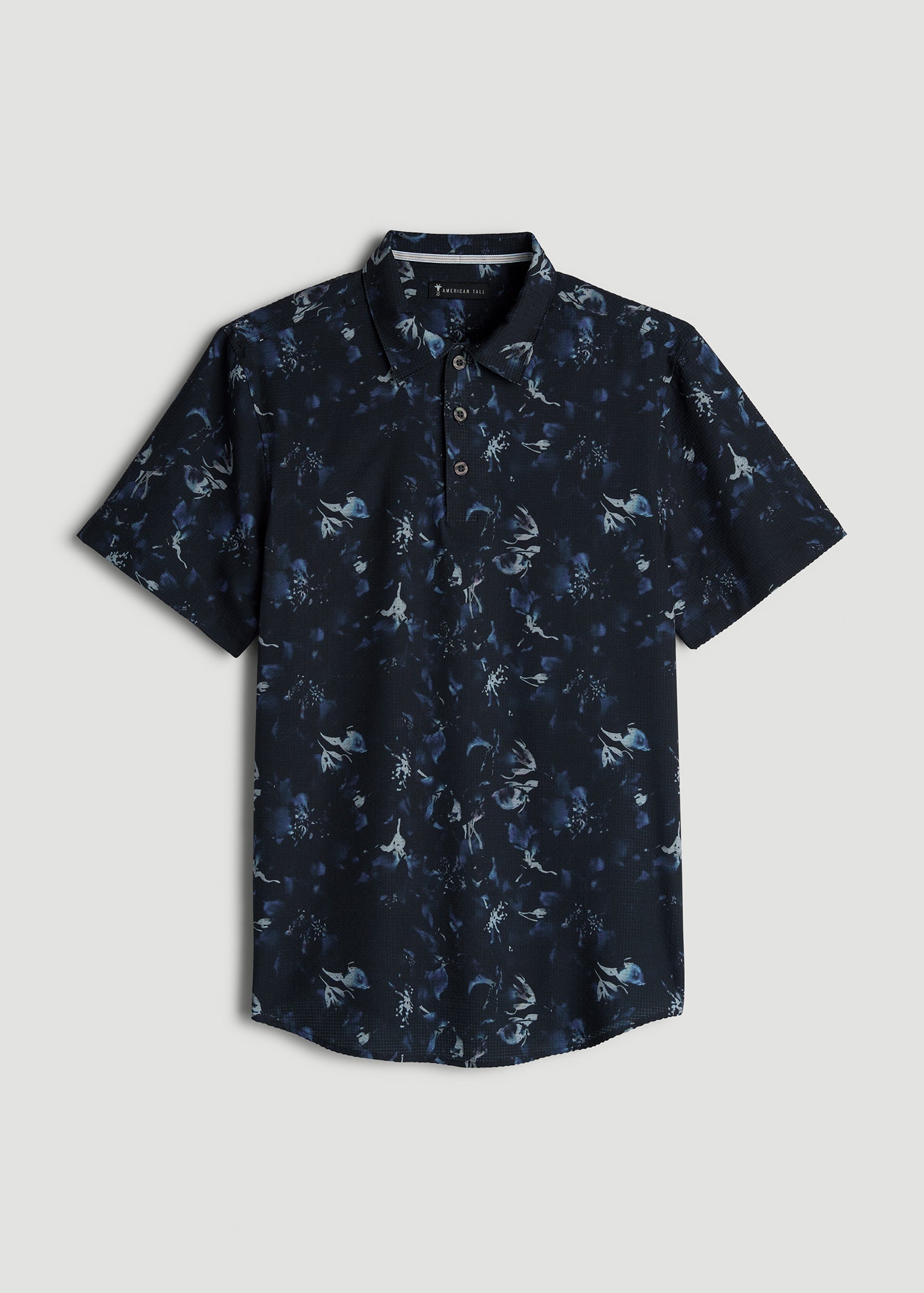American Tall Men Coastal Perforated Polo Shirt for Tall Men in Black and Violet Floral