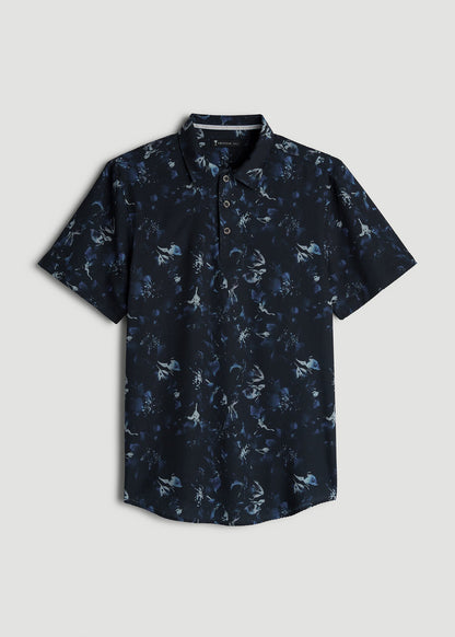 American Tall Men Coastal Perforated Polo Shirt for Tall Men in Black and Violet Floral