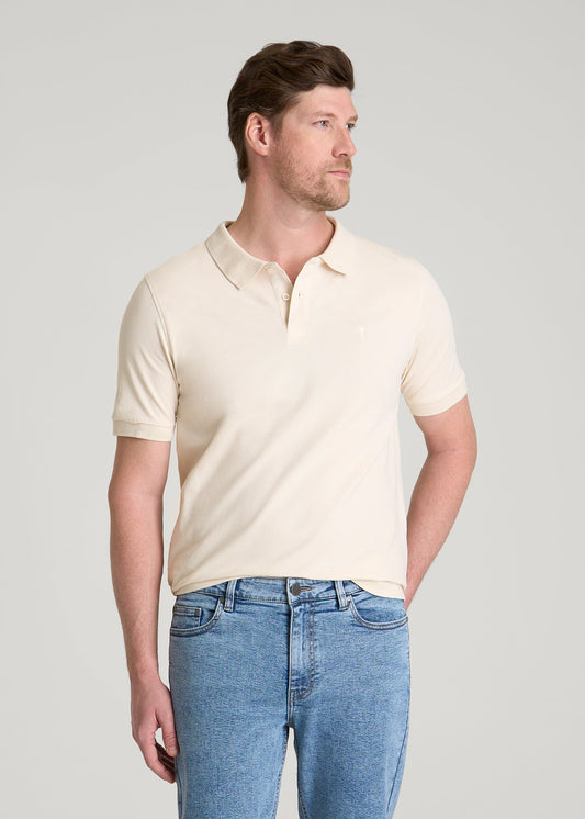 American Tall Men Classic Polo with Embroidered Logo for Tall Men in White Sand