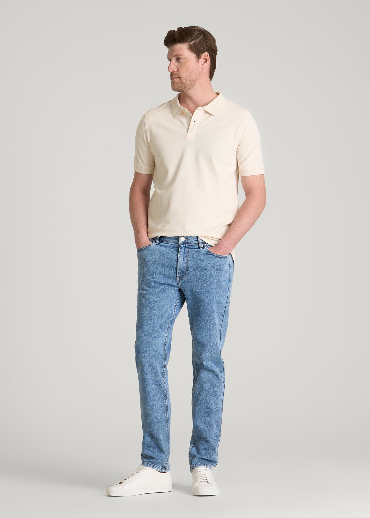 American Tall Men Classic Polo with Embroidered Logo for Tall Men in White Sand