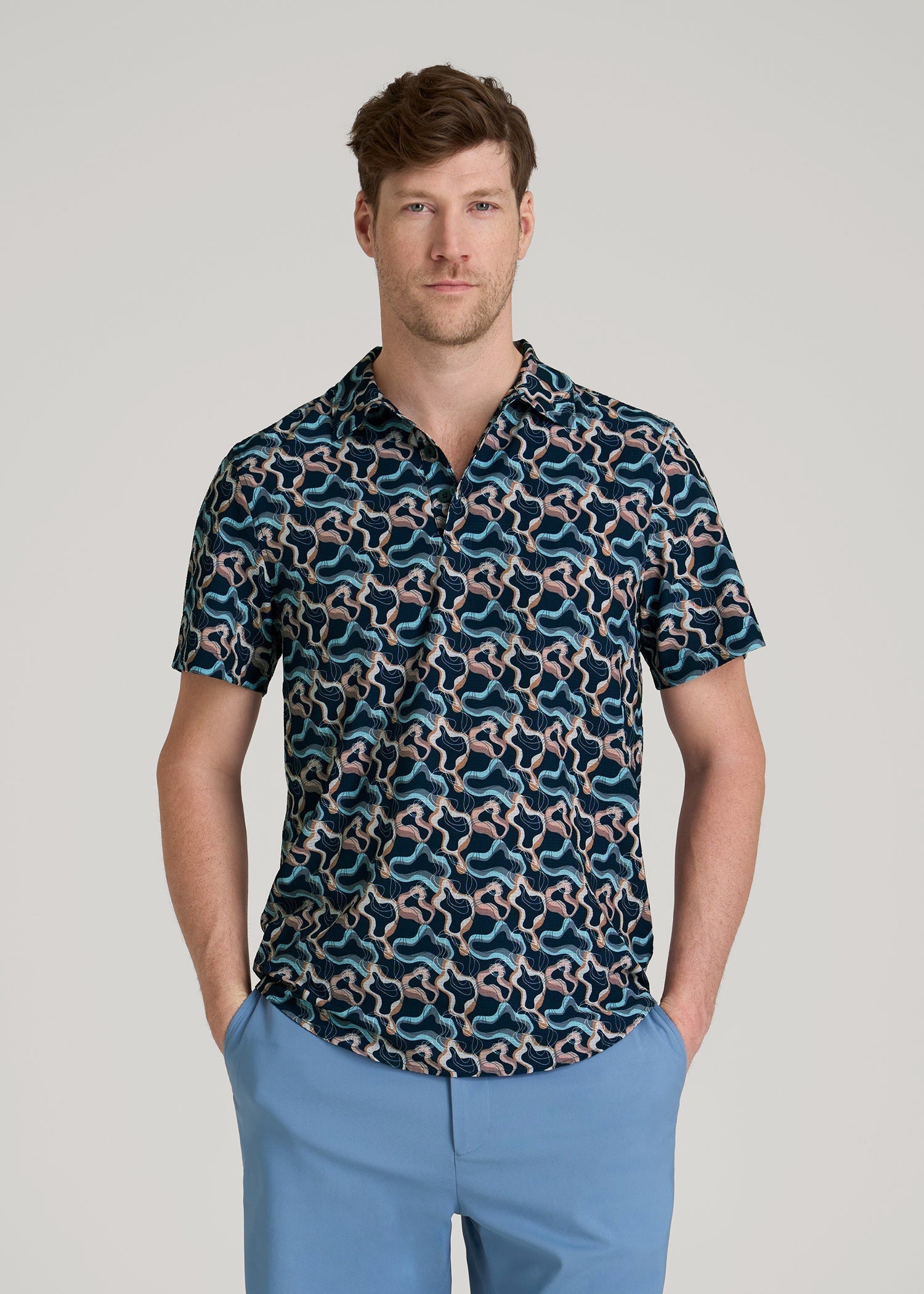 American Tall Men Coastal Perforated Polo Shirt for Tall Men in Blue and Rose Abstract