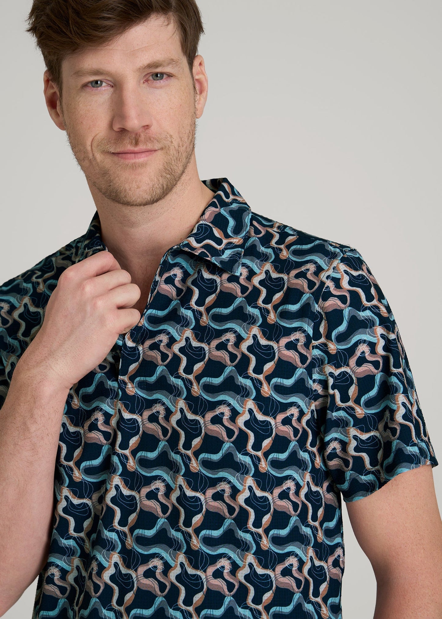 American Tall Men Coastal Perforated Polo Shirt for Tall Men in Blue and Rose Abstract