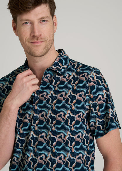 American Tall Men Coastal Perforated Polo Shirt for Tall Men in Blue and Rose Abstract
