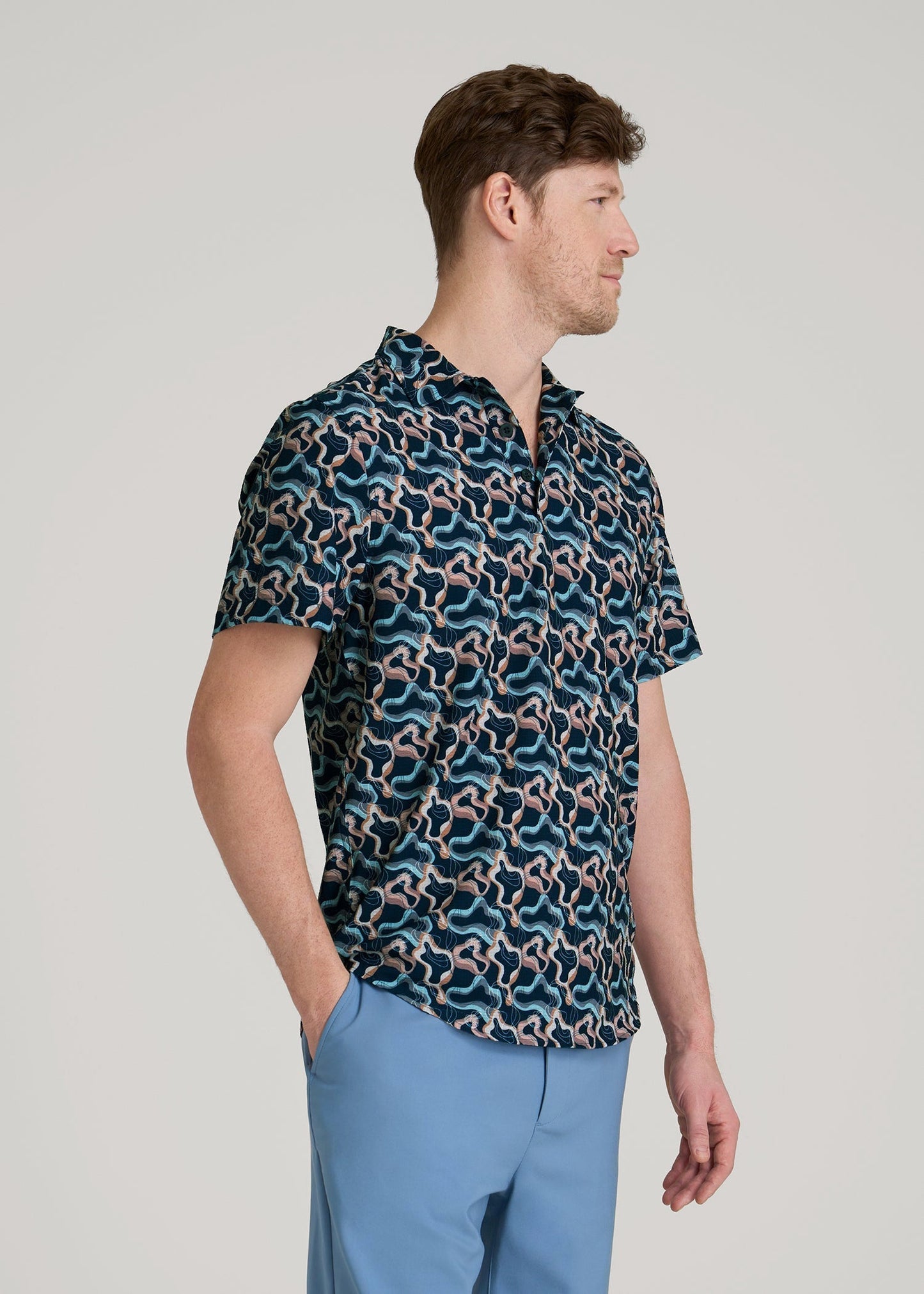 American Tall Men Coastal Perforated Polo Shirt for Tall Men in Blue and Rose Abstract