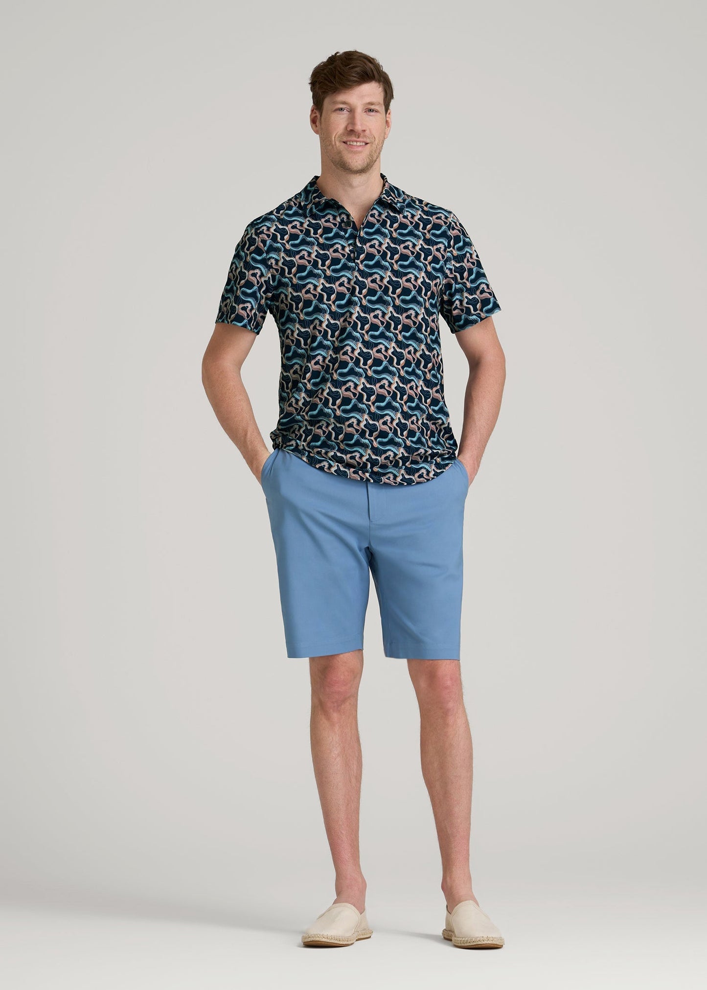 American Tall Men Coastal Perforated Polo Shirt for Tall Men in Blue and Rose Abstract