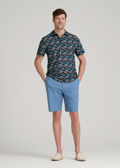 American Tall Men Coastal Perforated Polo Shirt for Tall Men in Blue and Rose Abstract