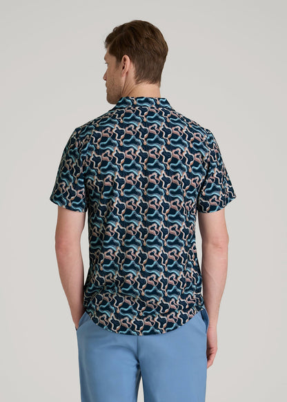 American Tall Men Coastal Perforated Polo Shirt for Tall Men in Blue and Rose Abstract