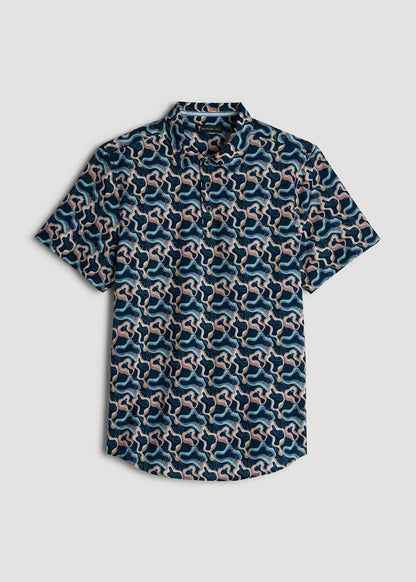 American Tall Men Coastal Perforated Polo Shirt for Tall Men in Blue and Rose Abstract