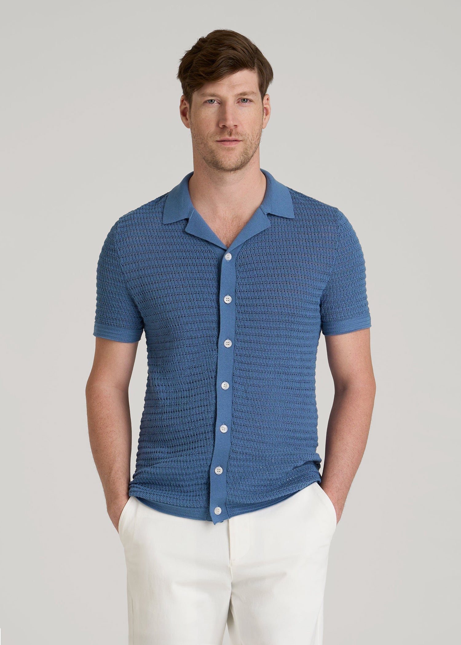 American Tall Men Short Sleeve Crochet Polo Cardigan for Tall Men in Deep Cobalt