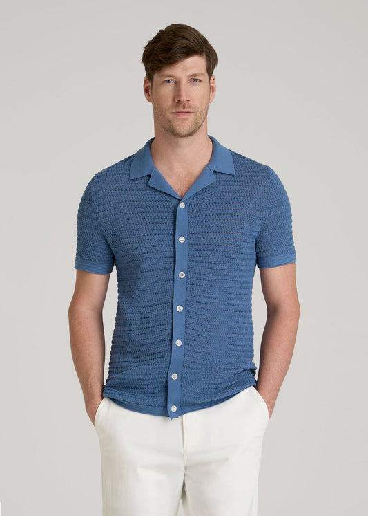 American Tall Men Short Sleeve Crochet Polo Cardigan for Tall Men in Deep Cobalt