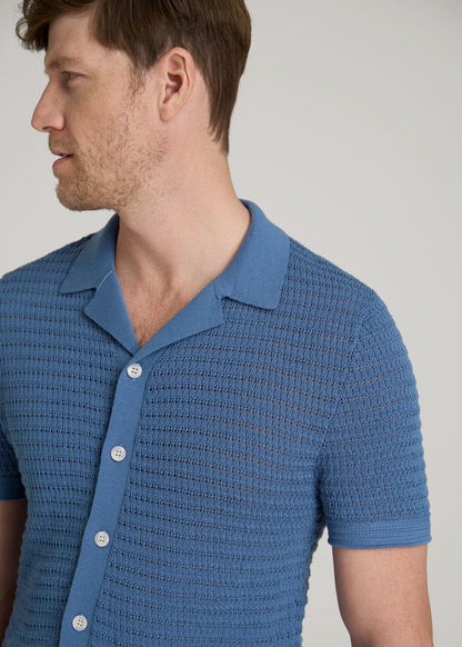 American Tall Men Short Sleeve Crochet Polo Cardigan for Tall Men in Deep Cobalt