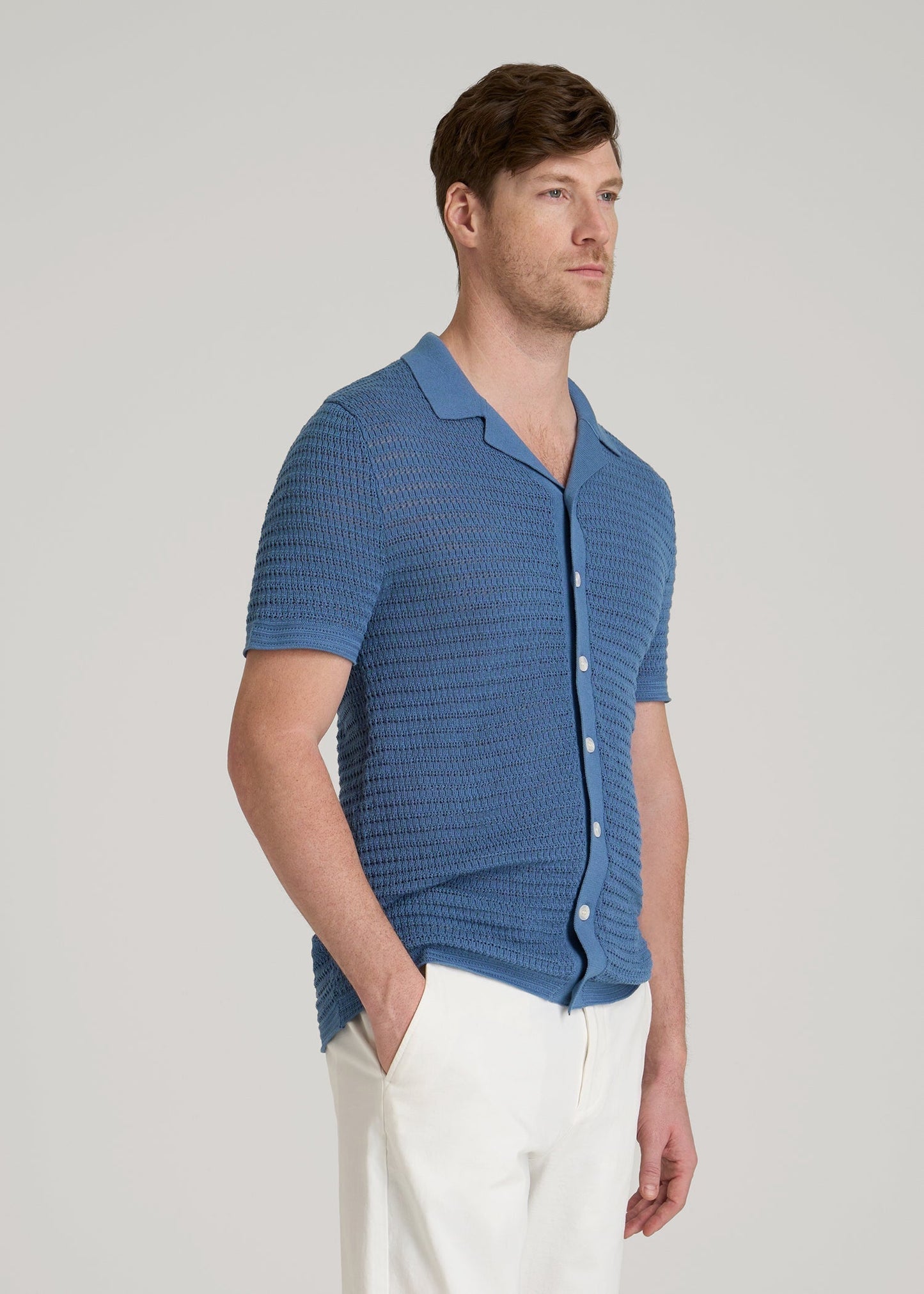 American Tall Men Short Sleeve Crochet Polo Cardigan for Tall Men in Deep Cobalt