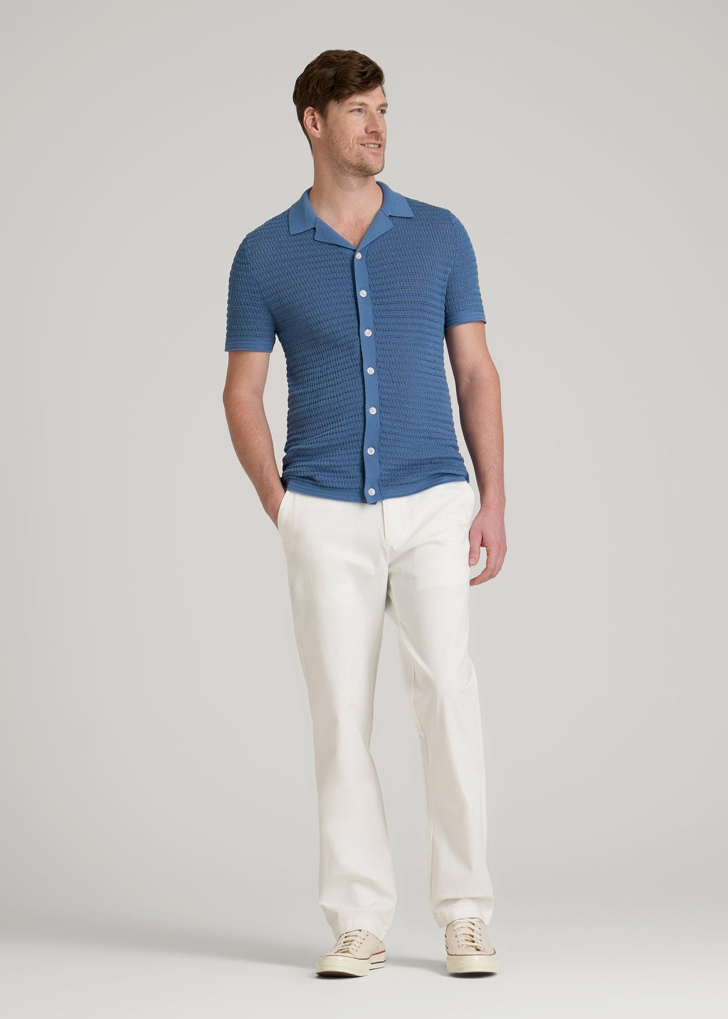American Tall Men Short Sleeve Crochet Polo Cardigan for Tall Men in Deep Cobalt