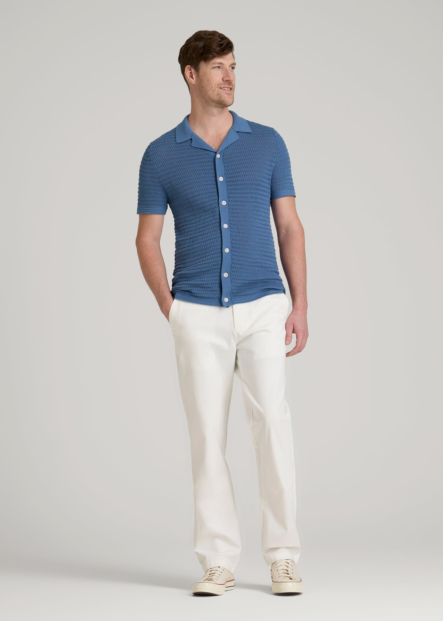American Tall Men Short Sleeve Crochet Polo Cardigan for Tall Men in Deep Cobalt