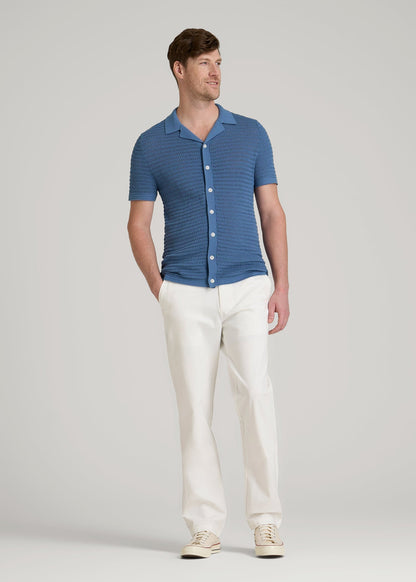 American Tall Men Short Sleeve Crochet Polo Cardigan for Tall Men in Deep Cobalt
