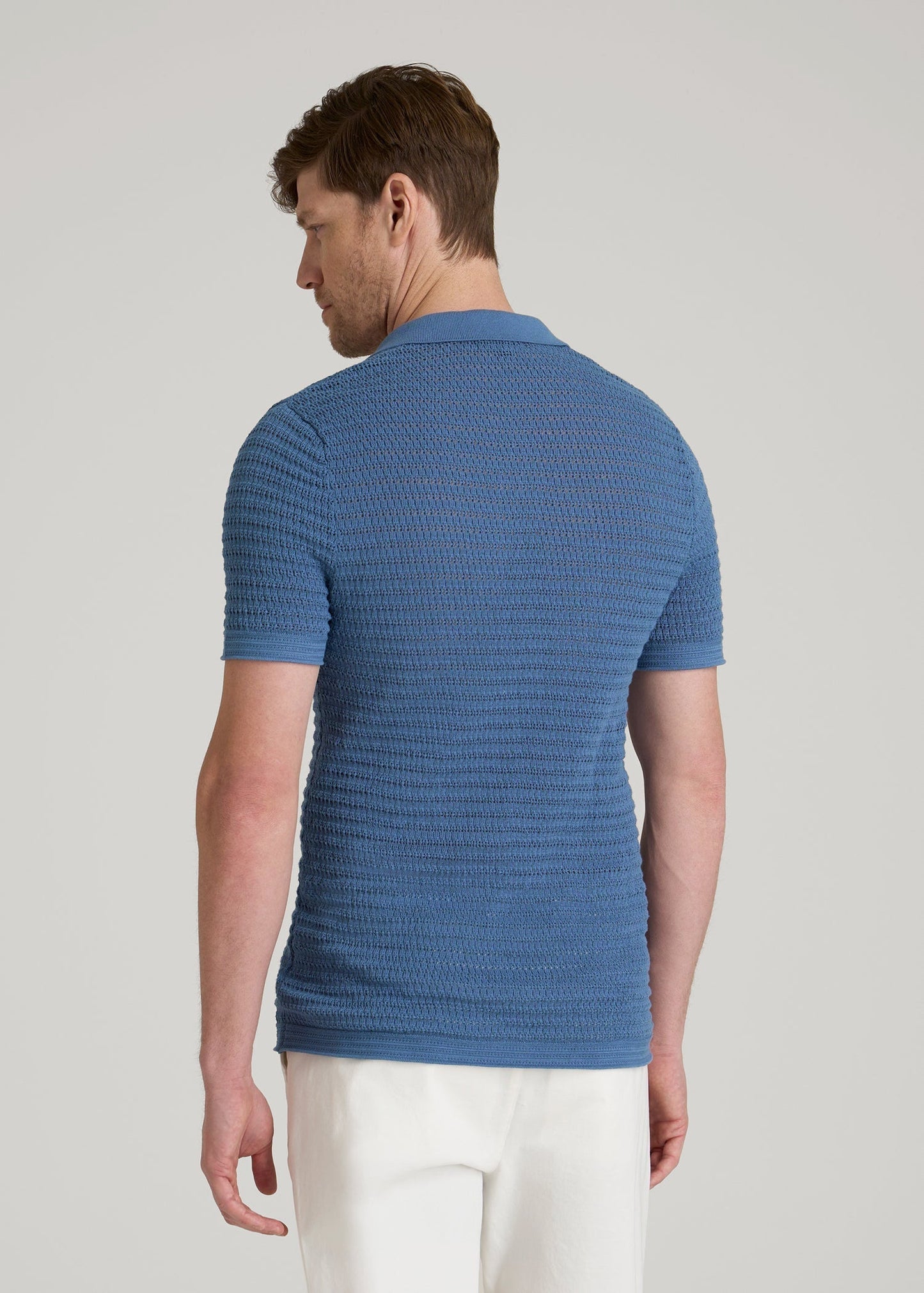 American Tall Men Short Sleeve Crochet Polo Cardigan for Tall Men in Deep Cobalt