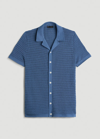 American Tall Men Short Sleeve Crochet Polo Cardigan for Tall Men in Deep Cobalt