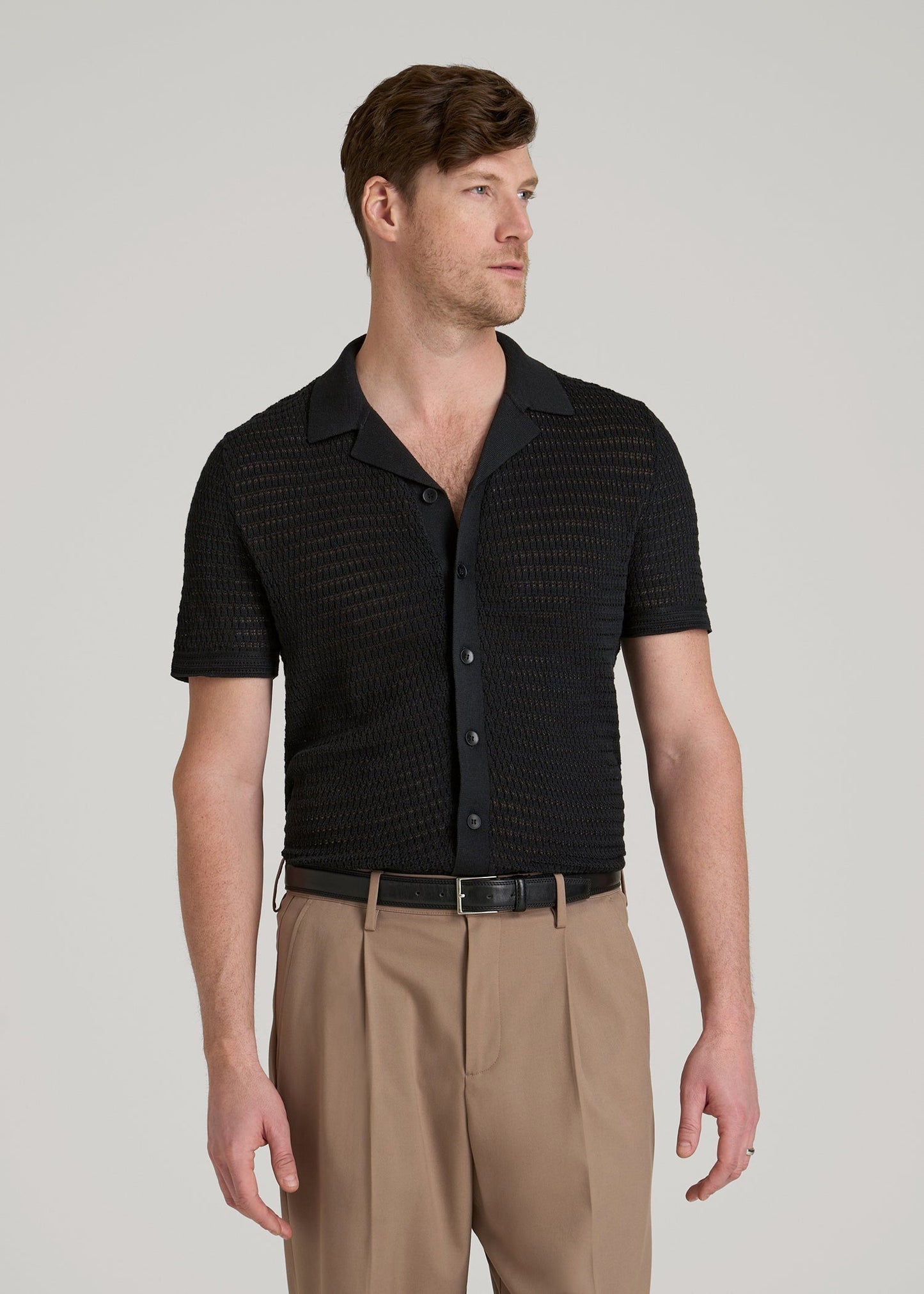 American Tall Men Short Sleeve Crochet Polo Cardigan for Tall Men in Black