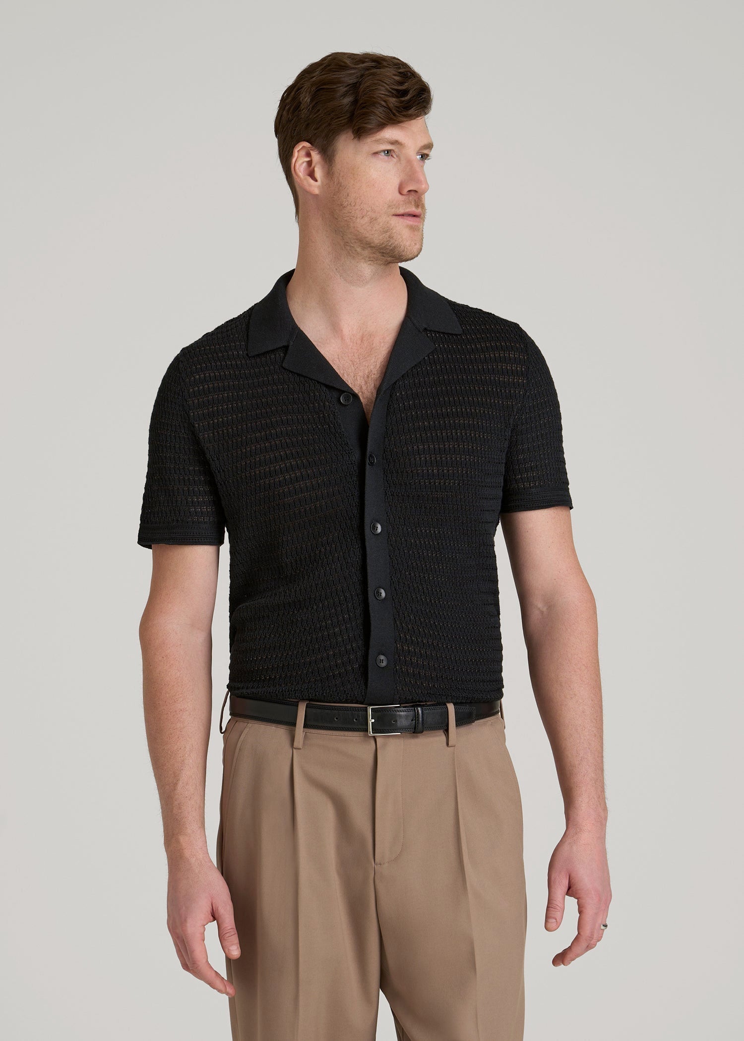 American Tall Men Short Sleeve Crochet Polo Cardigan for Tall Men in Black