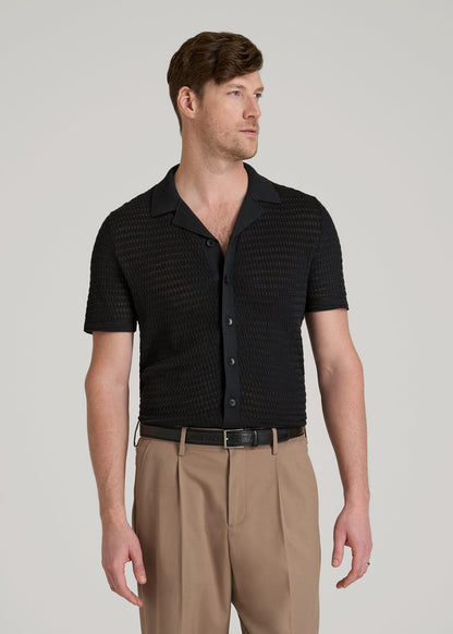 American Tall Men Short Sleeve Crochet Polo Cardigan for Tall Men in Black