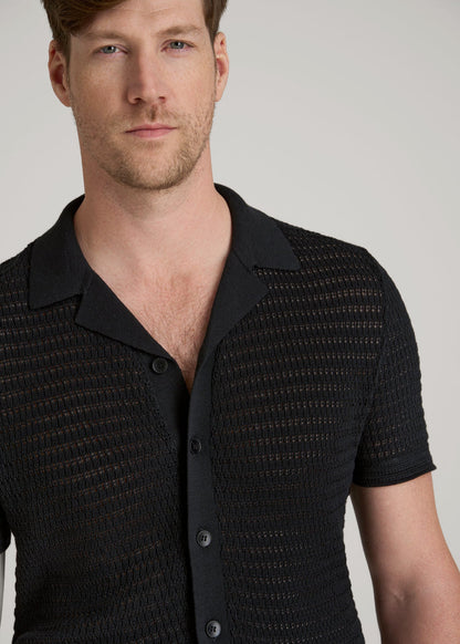 American Tall Men Short Sleeve Crochet Polo Cardigan for Tall Men in Black