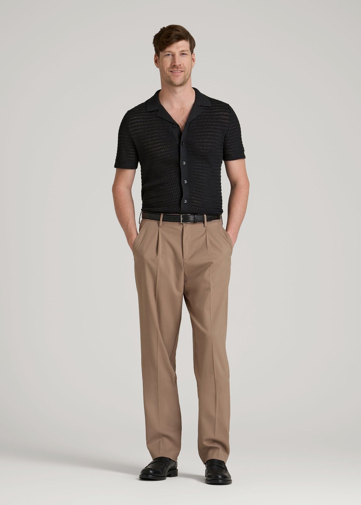 American Tall Men Short Sleeve Crochet Polo Cardigan for Tall Men in Black