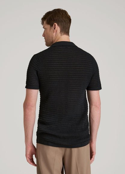 American Tall Men Short Sleeve Crochet Polo Cardigan for Tall Men in Black