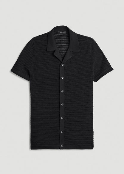 American Tall Men Short Sleeve Crochet Polo Cardigan for Tall Men in Black
