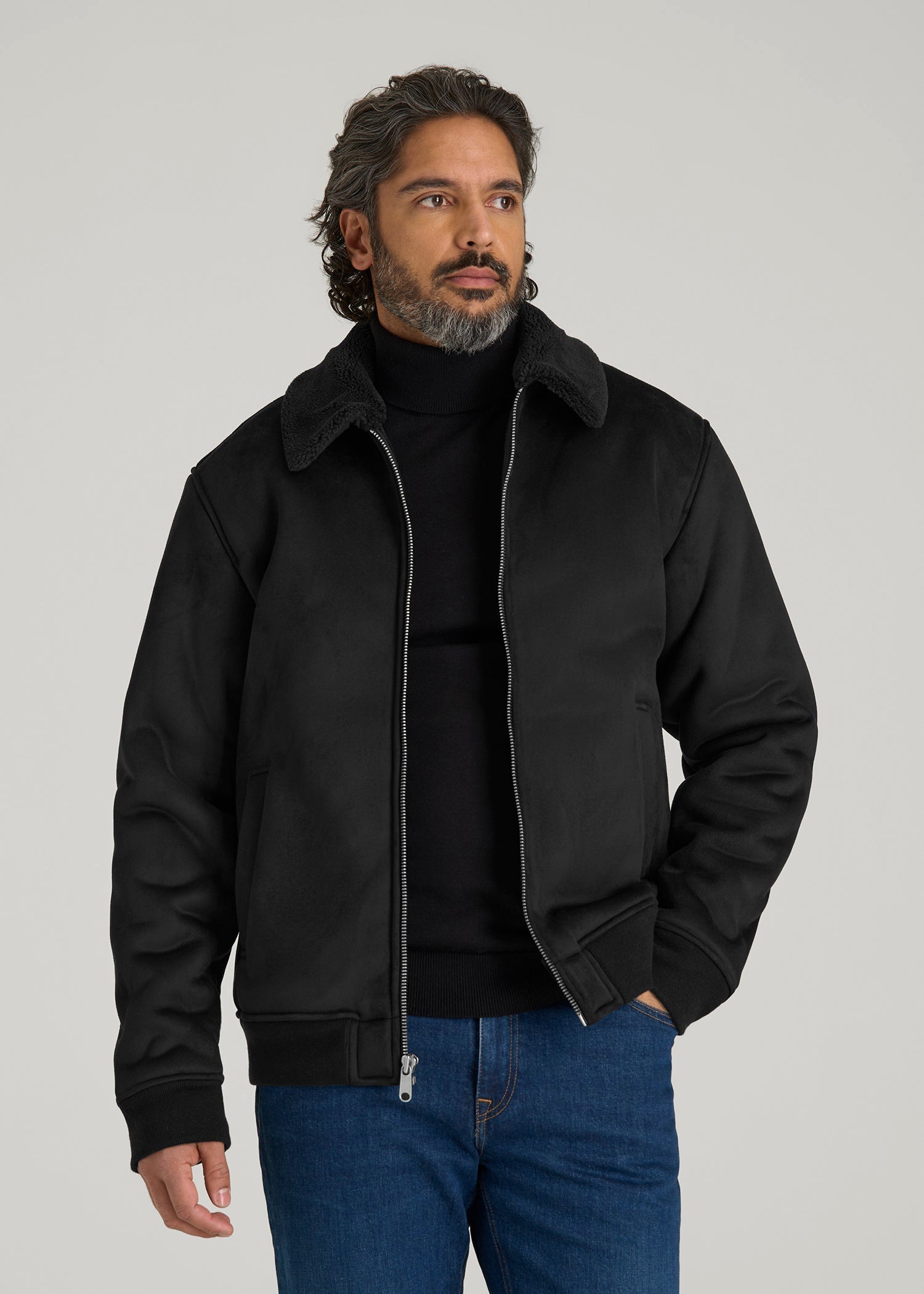 American Tall Men Sherpa Bomber Jacket for Tall Men in Black