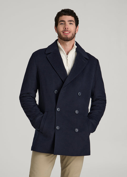 American Tall Men Double-Breasted Wool Peacoat for Tall Men in Deep Navy