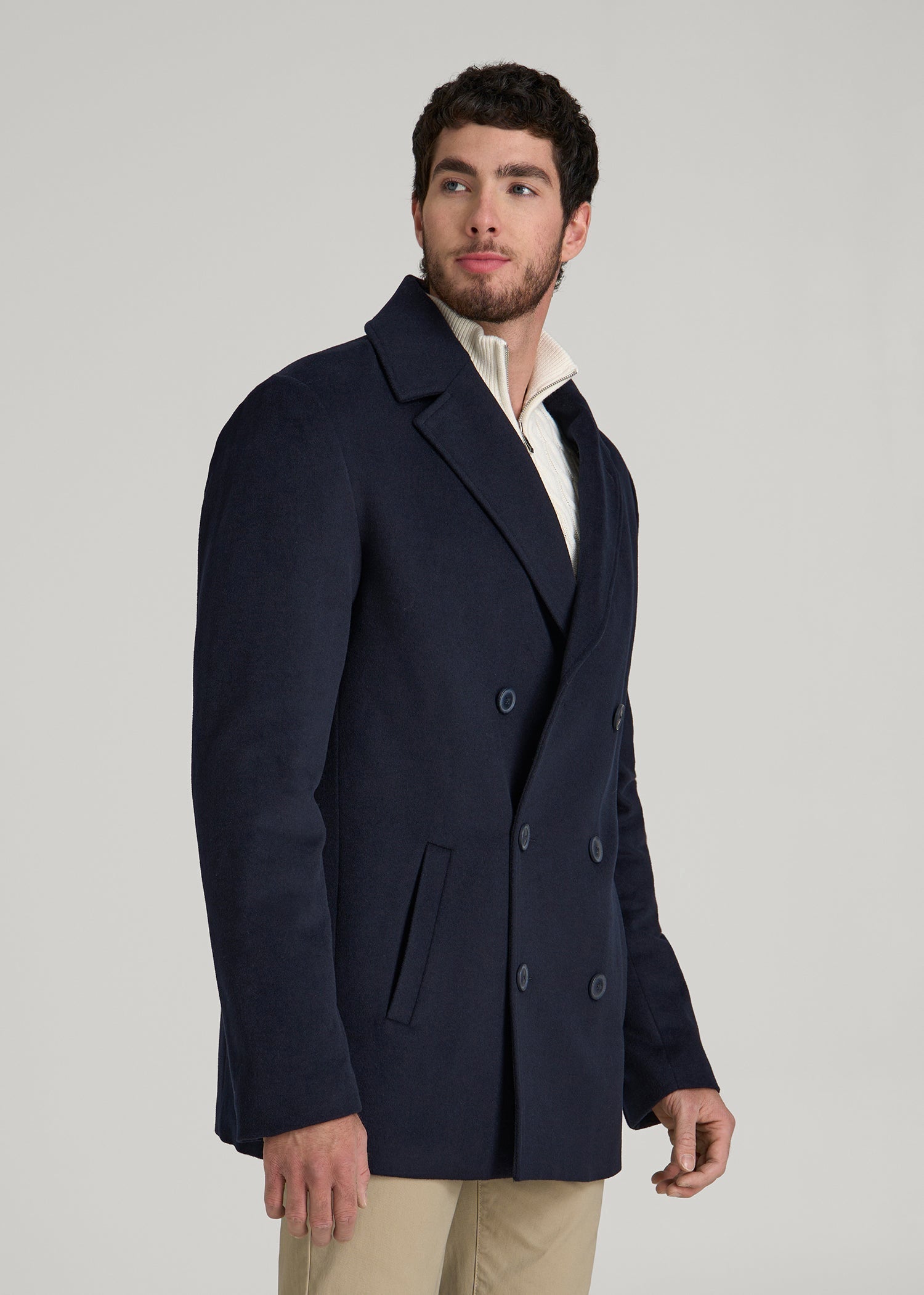 American Tall Men Double-Breasted Wool Peacoat for Tall Men in Deep Navy