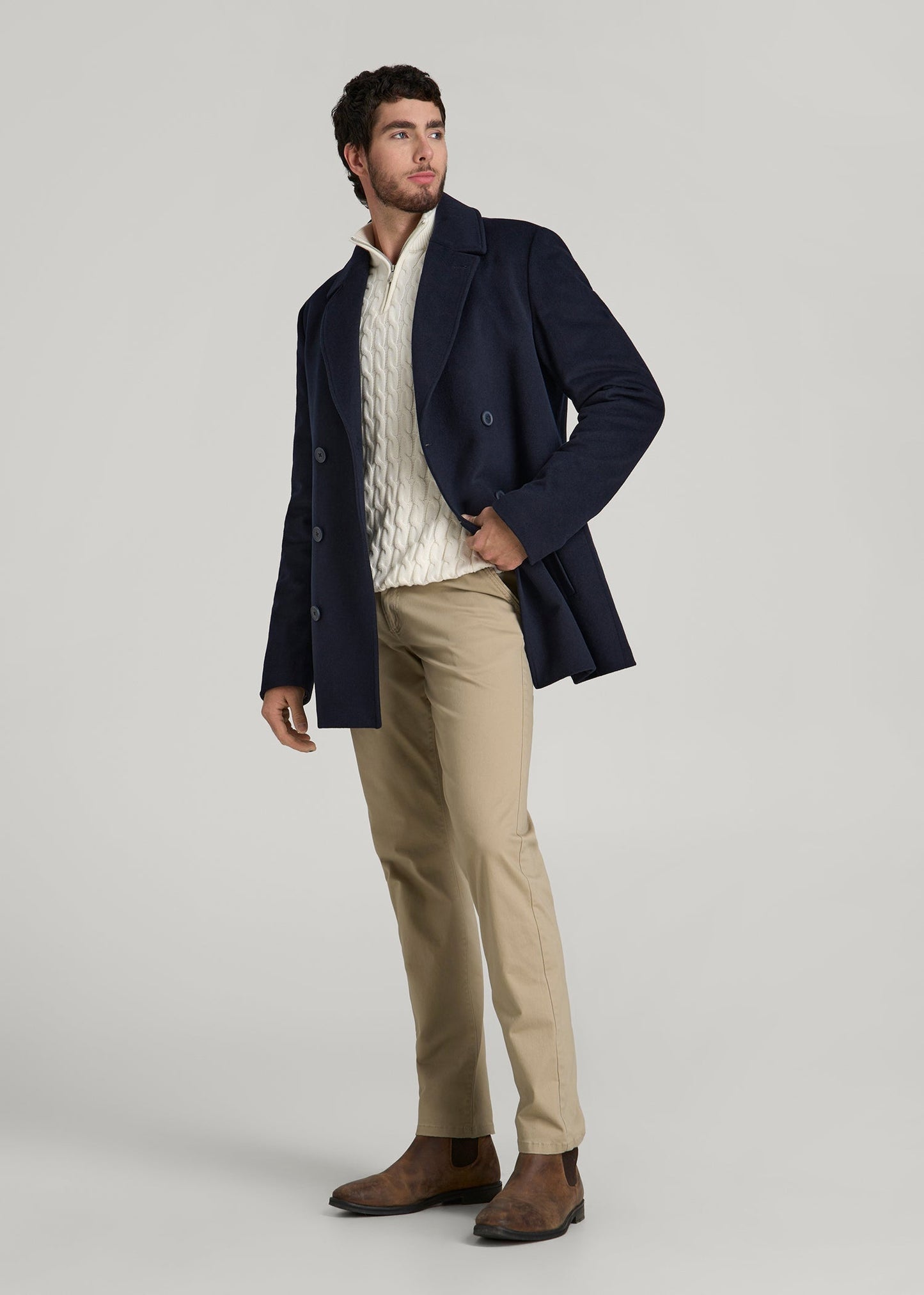 American Tall Men Double-Breasted Wool Peacoat for Tall Men in Deep Navy
