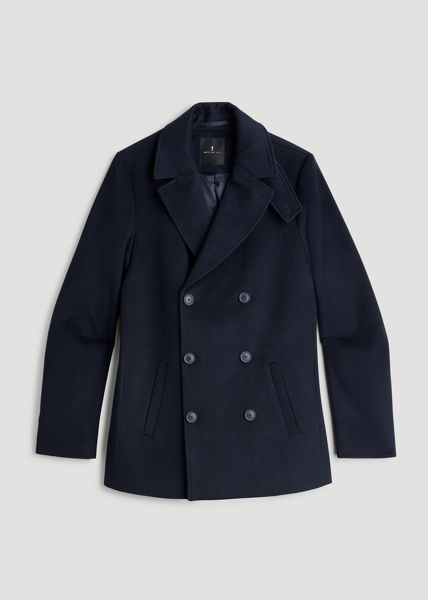 American Tall Men Double-Breasted Wool Peacoat for Tall Men in Deep Navy